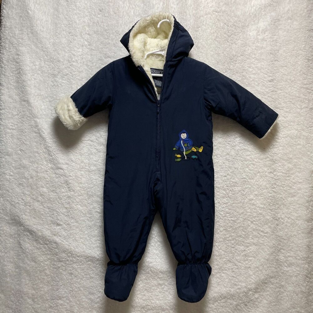Lands' End Snowsuit Toddler Kids Baby 12 months Dark Blue‎ Fishing Design Cute